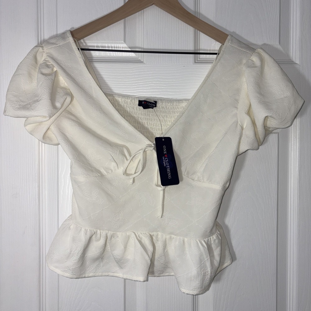 NWT One Heart Clothing Cream Puff Sleeve Boho Baby Doll Peplum Shirring Top Sm